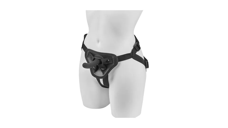 Comparatif godes ceintures: Obaie, harnais noir avec son gode en silicone
