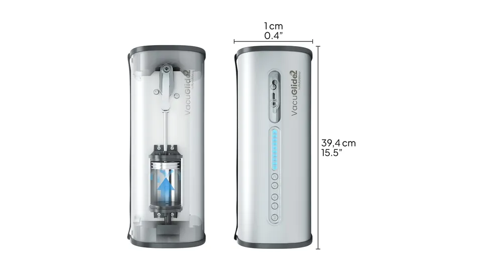 Comparatif masturbateurs automatiques: Autoblow VacuGlide 2.0, vue intérieure et extérieure avec ses dimensions