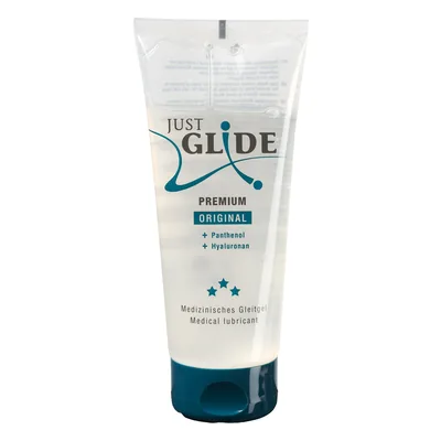 Comparatif lubrifiant : Just Glide Premium Original lubrifiant (acide hyaluronique/panthénol) 200 ml sur fond blanc